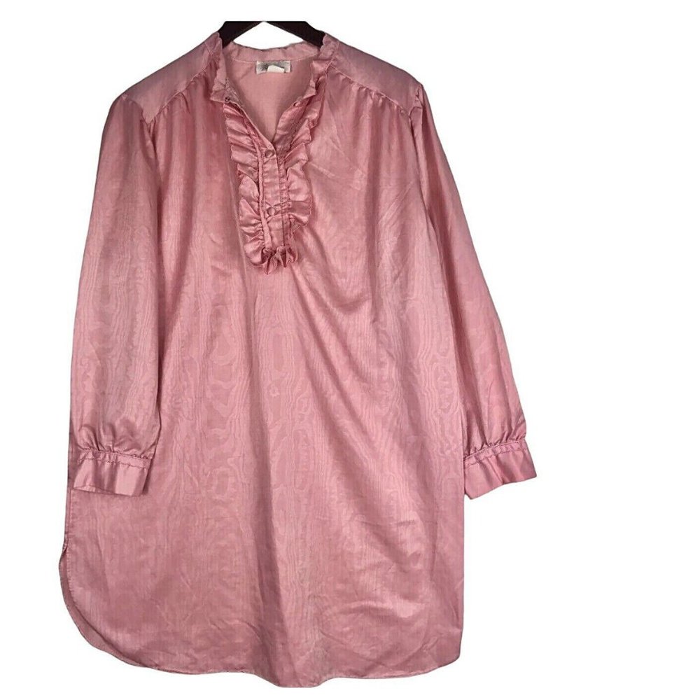 Vtg 60s 70s Barbizon Nightgown Large Pink Ruffle Tuxedo Silky Sleepwear